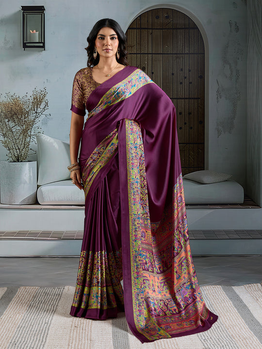 Wine Printed Ajarakh Satin Crepe Saree With Blouse Piece