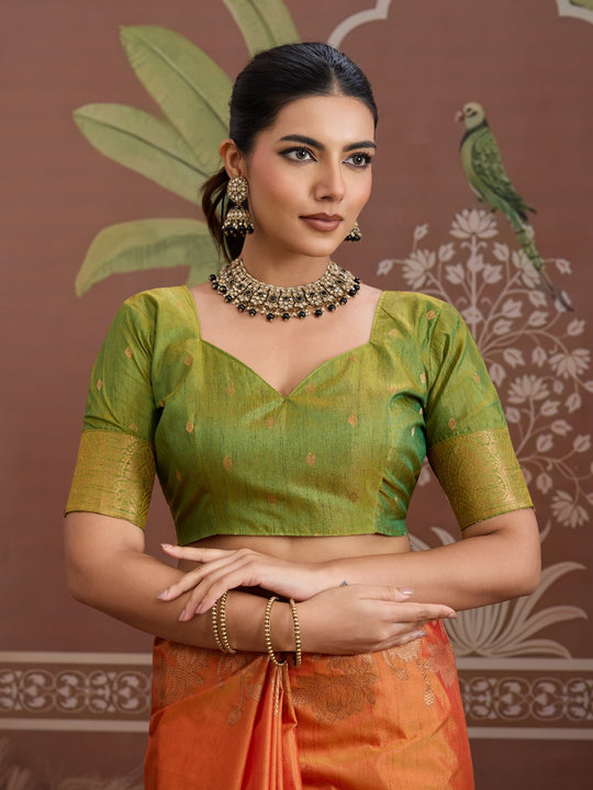 Orange Tussar Silk Handloom Weaving Saree With Blouse Piece
