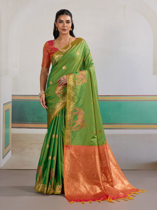 Green Pure Silk Handloom Weaving Saree With Blouse Piece