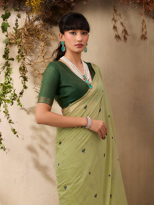 Green Munga Cotton Handloom Weaving Saree With Blouse Piece