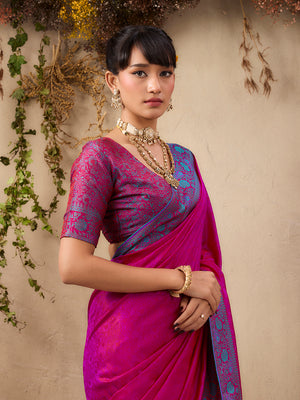 Pink Pure Kanjivaram Weaving Silk Saree With Blouse Piece