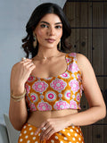 Yellow Printed Ajarakh Satin Crepe Saree With Blouse Piece
