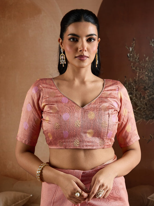 Light-Pink Handwoven Bhagalpuri Weaving With Multi Pallu & Blouse Saree With Blouse Piece