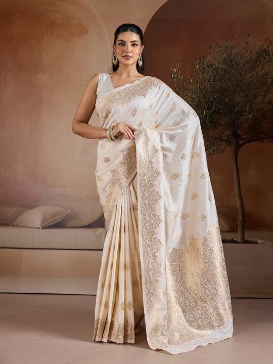 White Handloom Weaving Silk Saree With Blouse Piece