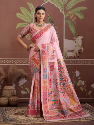 Pink Modal Cotton Pashmina Weaving Saree With Blouse Piece
