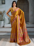 Yellow Printed Ajarakh Satin Crepe Saree With Blouse Piece