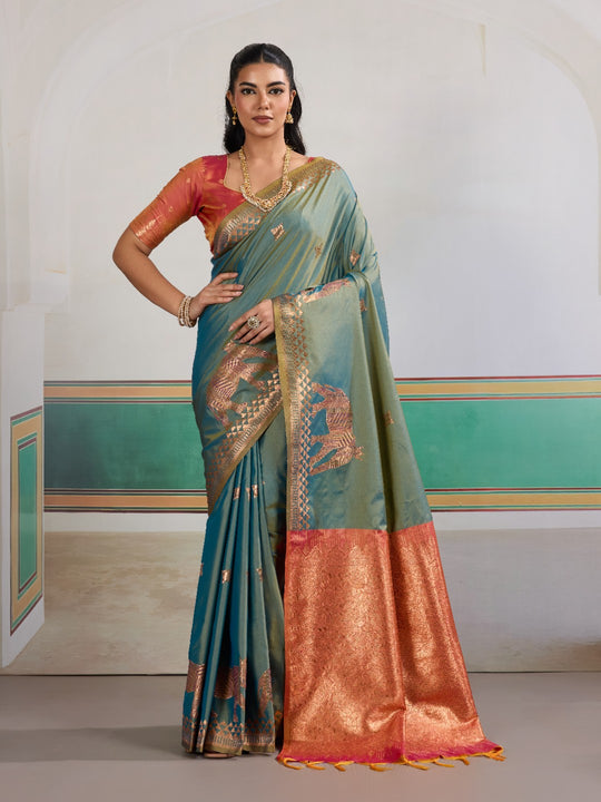 Dark-Green Pure Silk Handloom Weaving Saree With Blouse Piece
