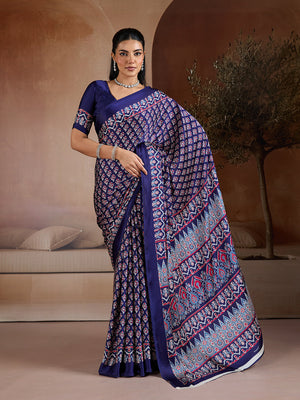 Blue Printed Ajarakh Satin Crepe Saree With Blouse Piece