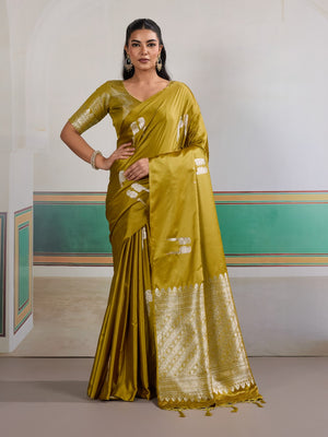 Yellow Pure Satin Handloom Weaving Saree With Blouse Piece