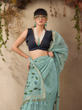 Blue Munga Cotton Handloom Weaving Saree With Blouse Piece