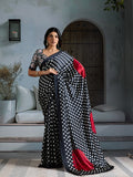 Black Printed Ajarakh Satin Crepe Saree With Blouse Piece