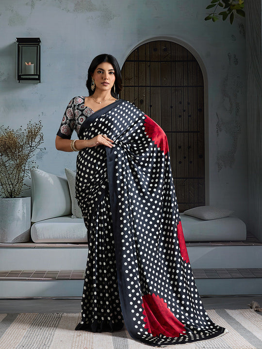 Black Printed Ajarakh Satin Crepe Saree With Blouse Piece