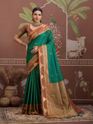 Green Tussar Silk Handloom Weaving Saree With Blouse Piece