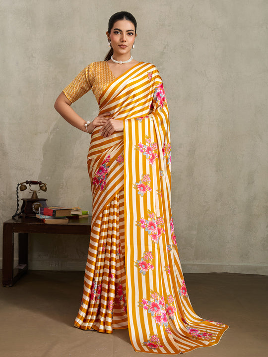 Yellow Printed Ajarakh Satin Crepe Saree With Blouse Piece
