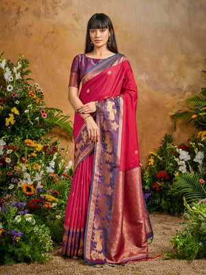 Red Pure Silk Handloom Weaving Saree With Blouse Piece