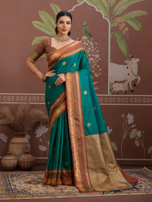 Sea-Green Tussar Silk Handloom Weaving Saree With Blouse Piece