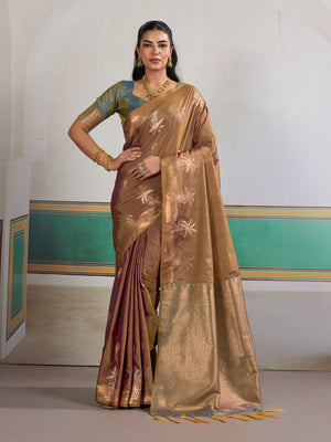 Brown Tussar Silk Handloom Weaving Saree With Blouse Piece