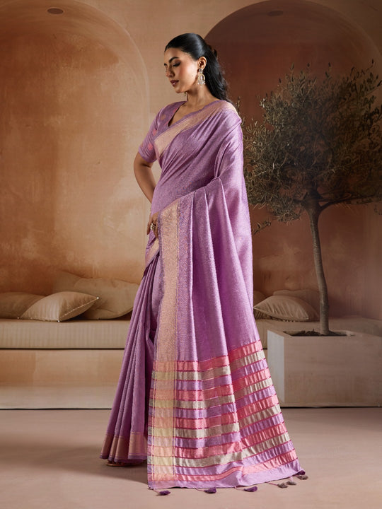 Purple Handwoven Bhagalpuri Weaving With Multi Pallu & Blouse Saree With Blouse Piece