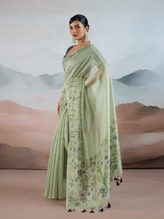 Green Handloom Zari Tissue - Brasso Weaving Saree With Blouse Piece