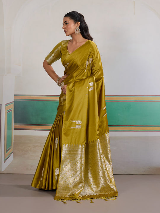 Yellow Pure Satin Handloom Weaving Saree With Blouse Piece