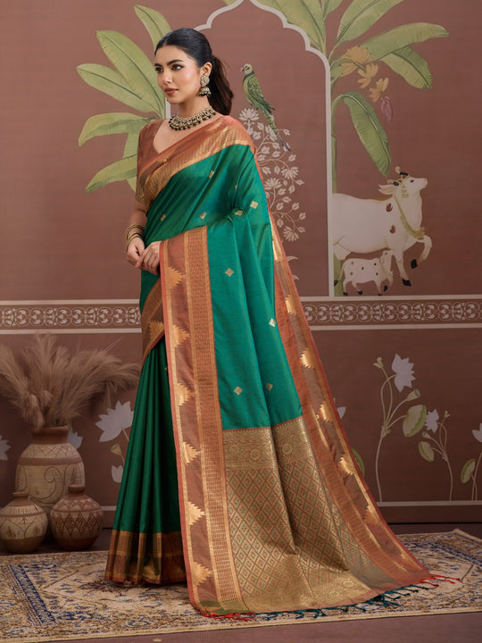 Green Tussar Silk Handloom Weaving Saree With Blouse Piece