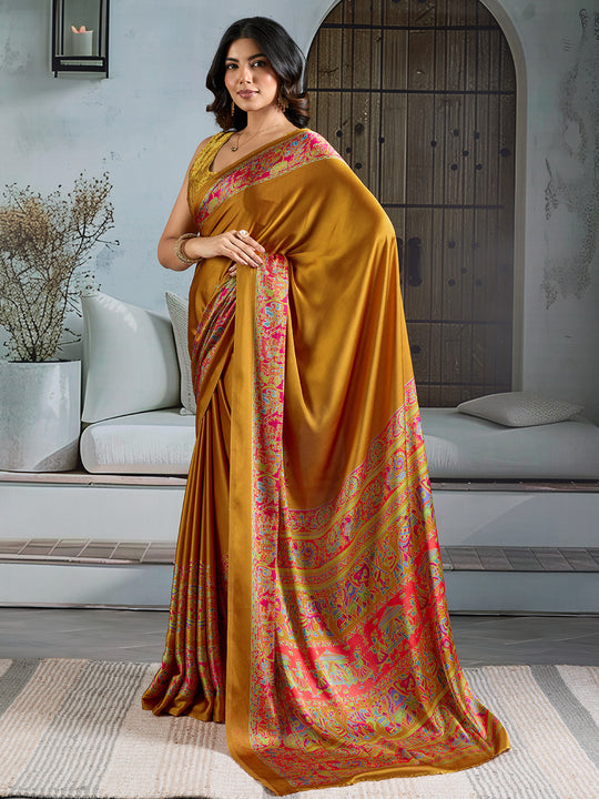 Yellow Printed Ajarakh Satin Crepe Saree With Blouse Piece