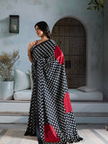 Black Printed Ajarakh Satin Crepe Saree With Blouse Piece