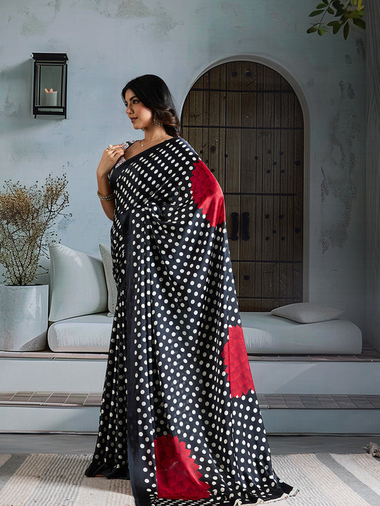 Black Printed Ajarakh Satin Crepe Saree With Blouse Piece