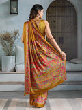 Yellow Printed Ajarakh Satin Crepe Saree With Blouse Piece