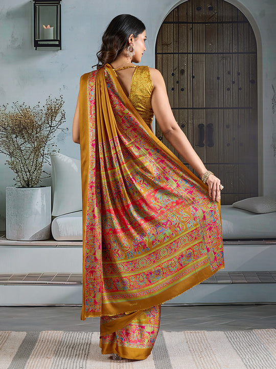 Yellow Printed Ajarakh Satin Crepe Saree With Blouse Piece