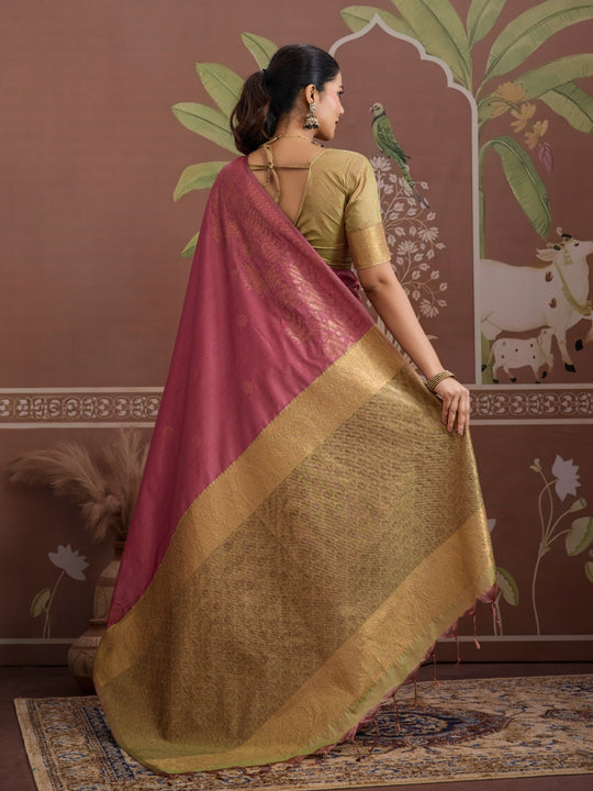 Pink Tussar Silk Handloom Weaving Saree With Blouse Piece