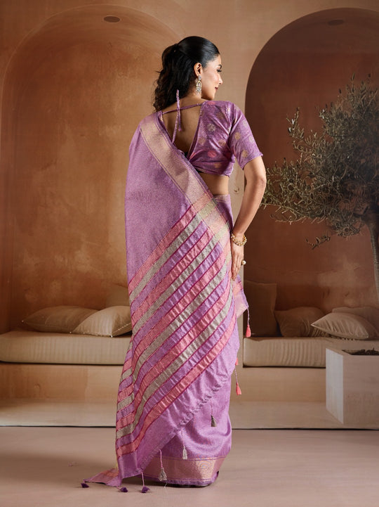 Purple Handwoven Bhagalpuri Weaving With Multi Pallu & Blouse Saree With Blouse Piece