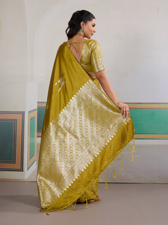 Yellow Pure Satin Handloom Weaving Saree With Blouse Piece