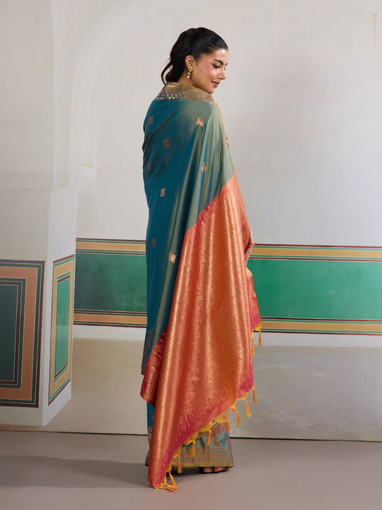 Dark-Green Pure Silk Handloom Weaving Saree With Blouse Piece
