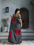 Black Printed Ajarakh Satin Crepe Saree With Blouse Piece