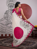 Pink Printed Ajarakh Satin Crepe Saree With Blouse Piece