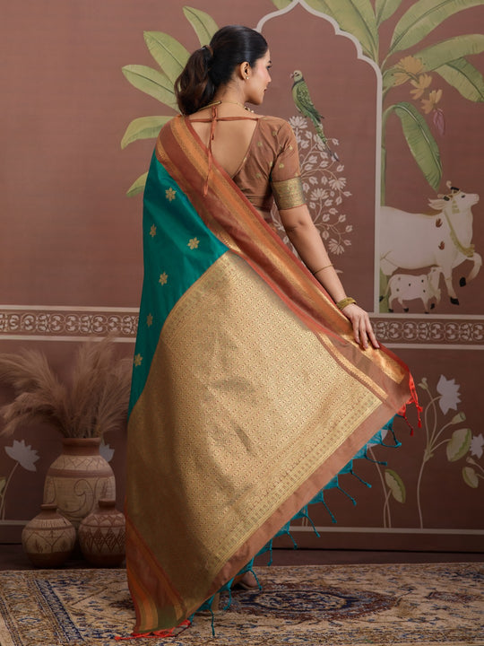 Green Tussar Silk Handloom Weaving Saree With Blouse Piece