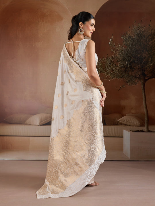 White Handloom Weaving Silk Saree With Blouse Piece