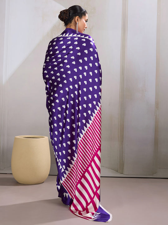 Purple Printed Ajarakh Satin Crepe Saree With Blouse Piece