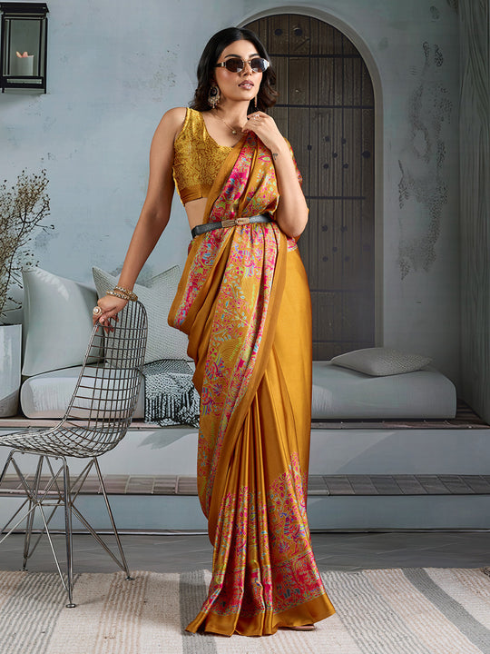 Yellow Printed Ajarakh Satin Crepe Saree With Blouse Piece