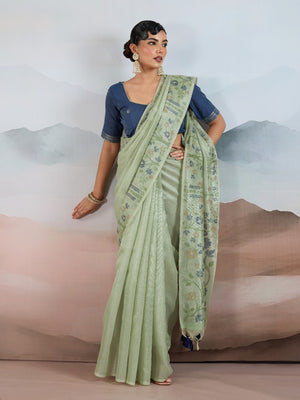 Green Handloom Zari Tissue - Brasso Weaving Saree With Blouse Piece