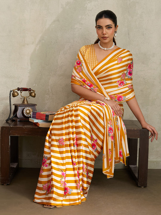 Yellow Printed Ajarakh Satin Crepe Saree With Blouse Piece