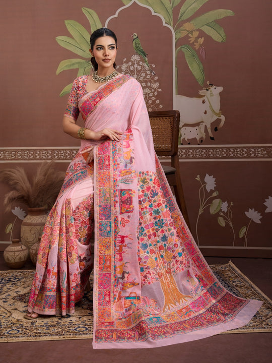 Pink Modal Cotton Pashmina Weaving Saree With Blouse Piece