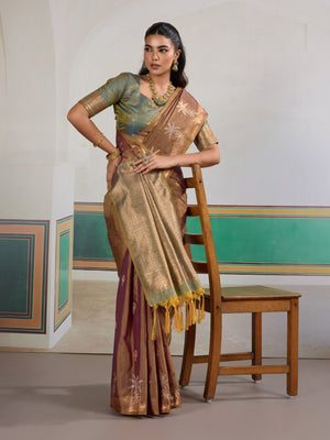 Brown Tussar Silk Handloom Weaving Saree With Blouse Piece