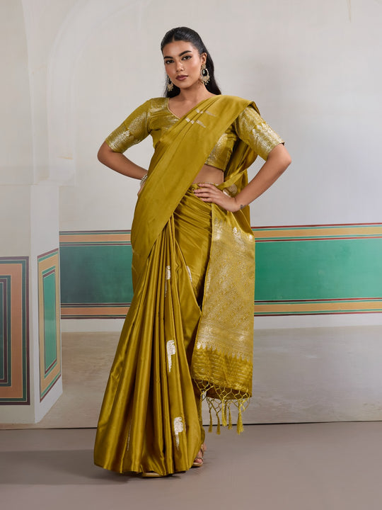 Yellow Pure Satin Handloom Weaving Saree With Blouse Piece