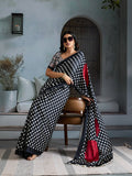 Black Printed Ajarakh Satin Crepe Saree With Blouse Piece