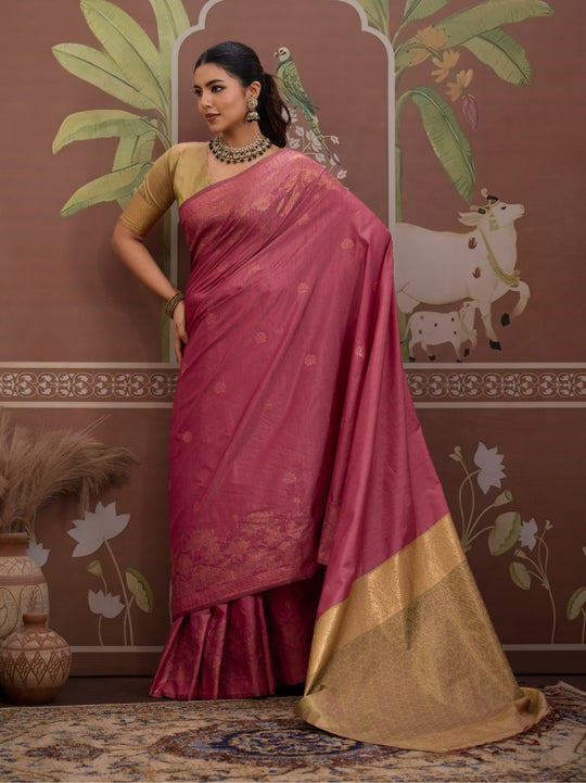 Pink Tussar Silk Handloom Weaving Saree With Blouse Piece