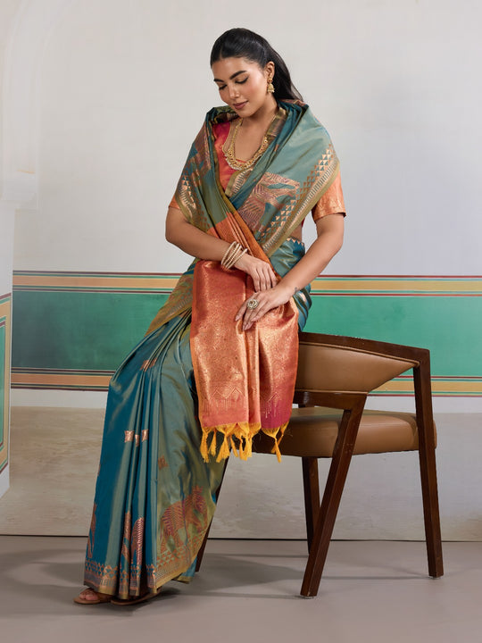 Dark-Green Pure Silk Handloom Weaving Saree With Blouse Piece