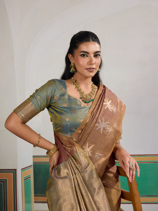 Brown Tussar Silk Handloom Weaving Saree With Blouse Piece