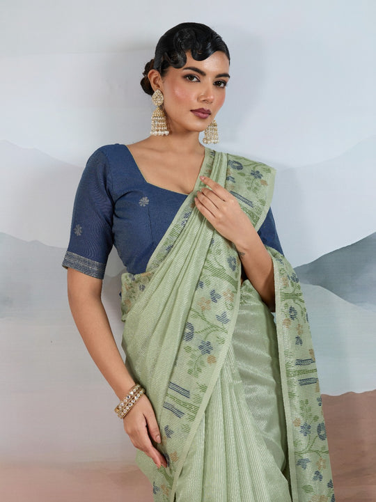 Green Handloom Zari Tissue - Brasso Weaving Saree With Blouse Piece